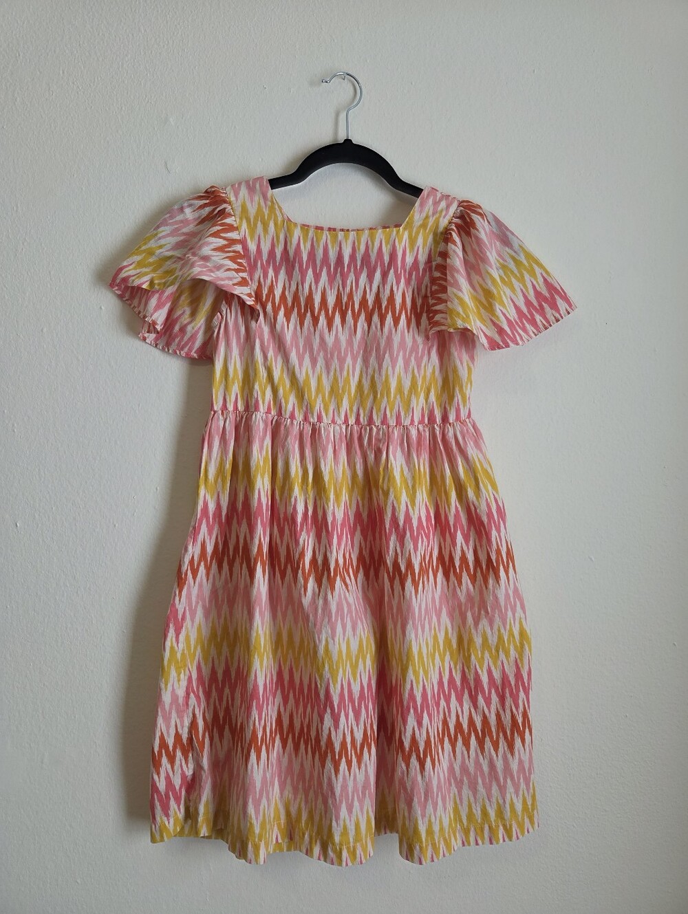 Mini Boden Ikat Flutter Sleeve Dress Girls 11-12Y Pink Orange Yellow 100% Cotton